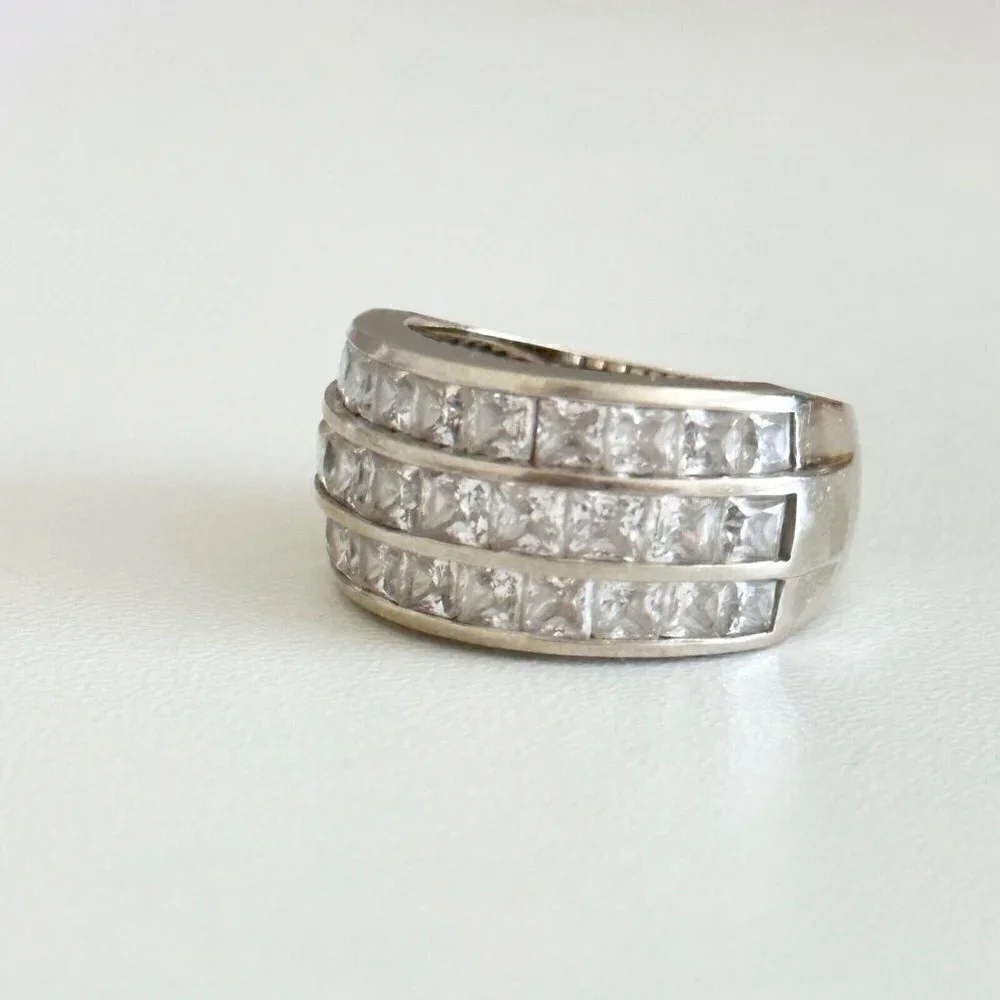 14K White Gold Three Row Clear CZ Wide Chunky Statement Band Ring Size 6.75